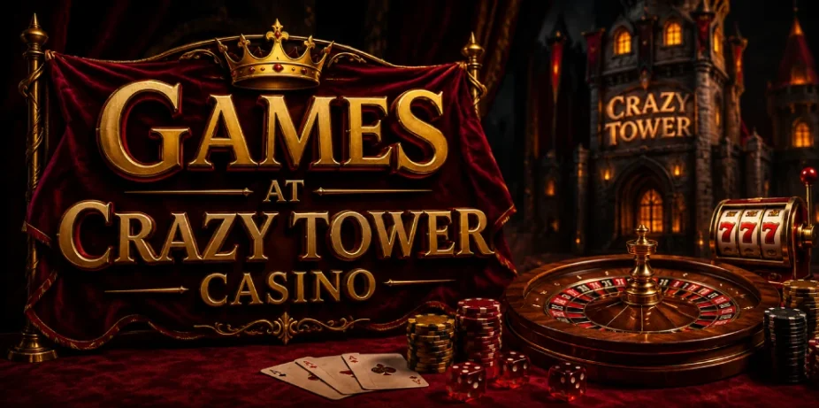 Games at Crazy Tower casino banner with a gothic tower, slot machine and roulette wheel